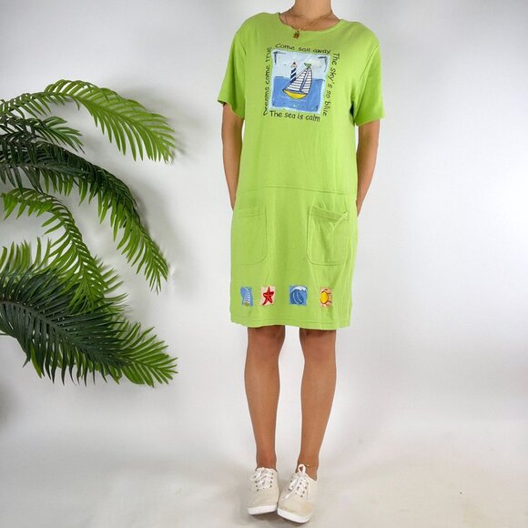 Vintage 90s Lime Green Nautical Graphic Casual Beachy Dress With Pockets /Medium - Picture 3 of 6